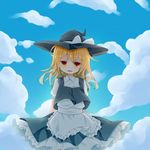  apron arms_behind_back blonde_hair blue_sky cloud cowboy_shot day fang frilled_apron frilled_skirt frills hat hat_ribbon head_tilt highres kirisame_marisa long_hair looking_at_viewer mare_(shiori_3021) open_mouth ribbon short_sleeves skirt skirt_set sky touhou waist_apron wind witch_hat yellow_eyes 