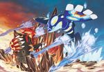  artist_request battle fangs fighting fire glowing groudon ice kyogre nintendo no_humans official_art pokemon pokemon_(game) pokemon_oras polar_opposites primal_groudon primal_kyogre water wings 