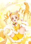  arm_warmers ashita_wa_hitsuji bike_shorts blonde_hair blush boots character_name cure_lemonade detached_sleeves drill_hair earrings english eyelashes fingerless_gloves gloves gradient gradient_background hair_ornament high_heels highres jewelry kasugano_urara_(yes!_precure_5) long_hair looking_at_viewer magical_girl open_mouth precure puffy_sleeves shirt shorts shorts_under_skirt skirt solo twintails v vest yellow yellow_background yellow_eyes yes!_precure_5 yes!_precure_5_gogo! 