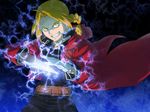  ahoge alchemy belt blade blonde_hair braid dark edward_elric electricity fullmetal_alchemist gloves grin highres jacket lightning long_hair male_focus robe smile solo yellow_eyes 