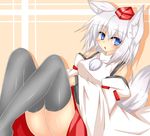  animal_ears bare_shoulders black_legwear blue_eyes blush breasts detached_sleeves hat inubashiri_momiji looking_at_viewer medium_breasts open_mouth pom_pom_(clothes) reddo9 short_hair silver_hair sitting solo tail thighhighs tokin_hat touhou wolf_ears wolf_tail 