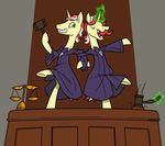  brothers courtroom dancing duo equine eyes_closed facial_hair flam_(idw) flam_(mlp) flim_(idw) flim_(mlp) friendship_is_magic gavel grandpalove green_eyes hi_res horn idw male mammal mirror_universe mustache my_little_pony open_mouth sibling smile teeth unicorn 