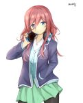  1girl artist_name bangs black_legwear blazer blue_cardigan blue_eyes breasts brown_hair cardigan closed_mouth commentary_request eyebrows_visible_through_hair go-toubun_no_hanayome green_skirt hair_between_eyes hand_on_headphones headphones headphones_around_neck highres jacket long_sleeves looking_at_viewer medium_breasts nakano_miku omuretu_(butterroru) pantyhose shirt simple_background skirt solo standing white_background white_shirt 