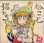  animal animal_ears animal_on_head brown_hair cat cat_ears cat_on_head cat_tail chen fang hat looking_at_viewer multiple_tails nekomata on_head short_hair simple_background smile tail touhou translated two_tails yotsuboshi-imai 