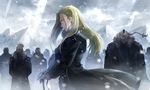  2boys amestris_military_uniform black_hair blonde_hair blue_eyes braid buccaneer_(fma) coat dark_skin facial_hair fullmetal_alchemist gloves grey_hair long_hair looking_at_viewer miles_(fma) military military_uniform mountain multiple_boys mustache olivier_mira_armstrong ponytail profile riru snow sunglasses uniform 