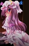  ass blush book bow crescent crotch_rub dress dress_lift hat long_hair looking_back masturbation open_mouth patchouli_knowledge purple_eyes purple_hair solo table table_sex touhou yamu_(reverse_noise) 