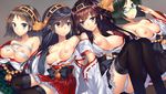  bare_shoulders black_hair blue_eyes blush boots breasts breasts_outside brown_hair detached_sleeves glasses hairband haruna_(kantai_collection) hiei_(kantai_collection) hullabaloo japanese_clothes kantai_collection kirishima_(kantai_collection) kongou_(kantai_collection) large_breasts light_smile long_hair looking_at_viewer miniskirt multiple_girls nipples no_legwear nontraditional_miko off_shoulder panties purple_eyes ribbon-trimmed_sleeves ribbon_trim sarashi short_hair skirt smile thigh_boots thighhighs underwear white_panties zettai_ryouiki 