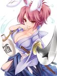  animal_ears breasts bunny_ears cleavage foreshortening japanese_clothes large_breasts moneti_(daifuku) original red_eyes red_hair short_hair solo sword weapon 