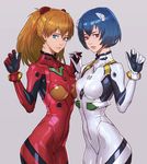  ayanami_rei bad_id bad_tumblr_id blue_eyes blue_hair bodysuit breast_press breasts brown_hair earrings eyelashes hairpods holding_hands interlocked_fingers jewelry kilart lips long_hair looking_at_viewer medium_breasts multiple_girls neon_genesis_evangelion plugsuit ponytail purple_eyes revision shiny shiny_clothes short_hair souryuu_asuka_langley symmetrical_docking white_bodysuit 