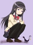  akemi_homura animal black_hair black_legwear bow crossed_arms dual_persona eye_contact gem hairband kairakuen_umenoka long_hair looking_at_another mahou_shoujo_madoka_magica mahou_shoujo_madoka_magica_movie open_mouth panties panties_under_pantyhose pantyhose pantyshot pantyshot_(squatting) purple_background purple_eyes salamander school_uniform shadow simple_background skirt squatting tail tail_hold underwear 