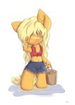  alasou alpha_channel anthro anthrofied applejack_(mlp) blonde_hair bucket chibi clothing earth_pony equine eyes_closed female friendship_is_magic fur hair hi_res horse long_hair loose_hair mammal my_little_pony navel orange_fur plain_background pony shirt shorts smile solo transparent_background water wet wet_hair 