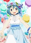  :d balloon blue_eyes blue_hair dress flower mahou_shoujo_madoka_magica mesushirindaa miki_sayaka open_mouth outstretched_arms ribbon short_hair smile solo wreath wrist_ribbon 