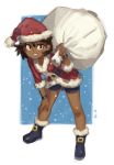  1girl absurdres ajna_(indivisible) ankle_boots bent_over bike_shorts boots brown_hair christmas commentary dark_skin dress english_commentary full_body hat highres indivisible mariel_cartwright red_dress sack santa_costume santa_hat short_hair solo 