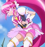 aino_megumi bow cure_lovely earrings glowing glowing_eye happinesscharge_precure! haruyama_kazunori heart heart_earrings jewelry long_hair looking_at_viewer magical_girl one_eye_closed pink_bow pink_eyes pink_skirt ponytail precure shorts shorts_under_skirt skirt solo thighhighs very_long_hair white_legwear wide_ponytail 