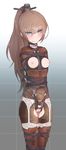  arms_behind_back bdsm blue_eyes blush bondage boots bound breastless_clothes breasts brown_hair collar crotchless garter_belt kantai_collection kumano_(kantai_collection) long_hair morisova nipples ponytail pussy small_breasts solo strap tears thigh_boots thighhighs uncensored 
