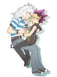  belt blonde_hair buckle chain chesha finger_to_mouth full_body long_hair looking_at_another male_focus multicolored_hair multiple_boys mutou_yuugi pants purple_hair shadow shoes silver_hair sitting sitting_on_lap sitting_on_person sleeveless sneakers spiked_hair striped two-tone_hair white_background yami_bakura yuu-gi-ou yuu-gi-ou_duel_monsters 