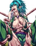  1girl artist_request breasts cameltoe cisty cum cum_in_mouth elf erect_nipples fellatio green_eyes green_hair jewelry large_breasts leotard lightbringer long_hair lots_of_jewelry madhatter_hello oral pointy_ears rape restrained sash self_fondle taito tears tentacle thighhighs uncensored wink 