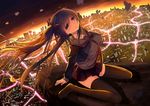  cityscape floating_hair hair_ribbon hatsune_miku highres long_hair ribbon school_uniform serafuku sitting skirt solo sunset thighhighs tianya_beiming twintails very_long_hair vocaloid wariza 