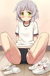  arm_support barefoot blush buruma feet glastonbury1966 green_eyes gym_uniform sanya_v_litvyak shoes shoes_removed short_hair silver_hair sitting sneakers socks_removed soles solo strike_witches sweatdrop world_witches_series 