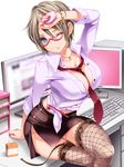  arm_up between_breasts blue_eyes blush bracelet breasts brown_hair cleavage crossed_legs fishnet_legwear fishnets garter_straps glasses jewelry juice_box keyboard_(computer) large_breasts lips moneti_(daifuku) monitor necklace necktie necktie_between_breasts office_lady one_eye_closed original pendant red_neckwear short_hair side_slit sitting skirt smile solo star star_necklace thighhighs 