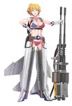  abs american_flag_bikini autocannon bikini blonde_hair blue_eyes body_writing breasts chaps elbow_gloves f-8_crusader flag_print freckles gloves gun jack_hamster mecha_musume medium_breasts navel original personification short_hair side_ponytail solo swimsuit toned weapon wings 