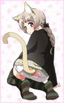  animal_ears ass blue_eyes blush bow braid brown_hair cat_ears cat_tail from_behind long_hair looking_back lynette_bishop mozu_(peth) panties panty_pull single_braid sitting solo strike_witches striped striped_legwear tail thighhighs underwear wariza white_panties world_witches_series 