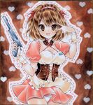  asahina_mikuru asahina_mikuru_(cosplay) bangs brown_eyes brown_hair cosplay gun hairband izumo_neko panties pantyshot pink_hairband shikishi short_hair solo suzumiya_haruhi suzumiya_haruhi_no_yuuutsu underwear v_over_eye waitress weapon 