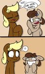  blonde_hair brown_fur brown_hair dialog duo earth_pony english_text equine eye_contact eyes_closed female feral fur grin hair horse humor mammal my_little_pony open_mouth original_character pegasus pony sibling sisters smile speech_balloon strangerdanger teeth text wings 