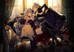  2girls artoria_pendragon_(all) bare_shoulders bent_over black_dress black_legwear blonde_hair bow bowtie braid breasts cleavage couch cup detached_sleeves dog dress drinking_glass elbow_gloves fate/grand_order fate_(series) flower formal gloves hair_flower hair_ornament high_heels jeanne_d&#039;arc_(alter)_(fate) jeanne_d&#039;arc_(fate)_(all) legs_crossed long_hair looking_at_viewer multiple_girls neck_ribbon nozaki_tsubata petals purple_dress ribbon rose_petals saber_alter silver_hair sitting smile sparkle thighhighs vase very_long_hair window wine_glass yellow_eyes 