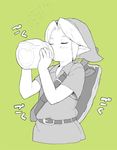  blush bottle drinking green_background hat link male_focus milk monochrome nabana_(bnnbnn) no_legs pointy_ears solo the_legend_of_zelda the_legend_of_zelda:_ocarina_of_time 