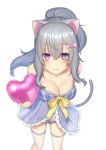  1girl animal_ears babydoll balloon bangs bare_shoulders blue_babydoll blue_panties bow breasts cat_ears cat_girl cat_tail cleavage closed_mouth daidai_jamu eyebrows_visible_through_hair feet_out_of_frame floating_hair from_above grey_hair hair_between_eyes hair_bow heart heart_balloon holding lace lace-trimmed_panties lace-trimmed_thighhighs lace_trim lingerie long_hair looking_at_viewer medium_breasts original panties pink_bow ponytail purple_eyes ribbon sanpaku sidelocks simple_background smile solo stomach tail thighhighs underwear white_background white_legwear yellow_ribbon 