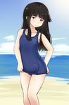  adjusting_clothes adjusting_swimsuit bangs beach black_hair blunt_bangs brown_eyes cloud day fooyuta hatsuyuki_(kantai_collection) highres hime_cut kantai_collection long_hair ocean one-piece_swimsuit outdoors school_swimsuit school_uniform serafuku sky solo sweat swimsuit 