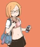  bag bra cellphone glasses highres keychain navel nns_(sobchan) open_clothes open_mouth open_shirt orange_background orange_eyes orange_hair original phone school_bag school_uniform shirt short_hair skirt smartphone solo spray sweat underwear 