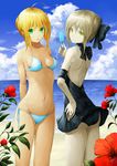  ahoge artoria_pendragon_(all) bad_id bad_pixiv_id bikini blonde_hair fate/stay_night fate_(series) green_eyes highres multiple_girls saber saber_alter solru swimsuit yellow_eyes 