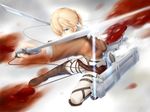  annie_leonhardt belt blonde_hair blood boots dual_wielding folded_ponytail holding jacket lingerie_(aki3240) military military_uniform paradis_military_uniform shingeki_no_kyojin short_hair solo sword thigh_strap three-dimensional_maneuver_gear uniform weapon wire 