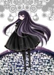  akemi_homura bad_id bad_pixiv_id black_hair black_legwear dress flower from_behind funeral_dress gears hairband highres long_hair looking_at_viewer looking_back mahou_shoujo_madoka_magica mahou_shoujo_madoka_magica_movie pantyhose purple_eyes solo spoilers very_long_hair 