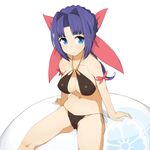  ball bikini blue_eyes braid french_braid green_eyes hair_intakes kuragano looking_at_viewer mori_ranmaru_(sengoku_collection) sengoku_collection sitting solo swimsuit 