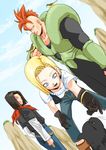  1girl 2boys android_16 android_17 android_18 animal bird black_hair blonde_hair blue_eyes brother_and_sister cat dragon_ball dragon_ball_z gloves jewelry multiple_boys necklace open_mouth pearl pearl_necklace scarf short_hair shuraba_kai siblings smile twins 