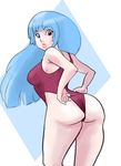  ass bad_id bad_tumblr_id bangs blue_hair blunt_bangs breasts brown_eyes competition_swimsuit kula_diamond large_breasts long_hair looking_back one-piece_swimsuit radio_toy solo swimsuit the_king_of_fighters 