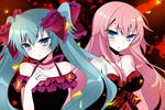  acute_(vocaloid) alternate_costume aqua_eyes aqua_hair bare_shoulders halterneck hand_on_own_chest hatsune_miku ichiyou_moka jewelry long_hair megurine_luka multiple_girls necklace project_diva_(series) project_diva_f ring sash strapless striped twintails vocaloid 