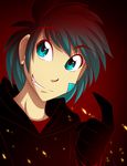  blue_eyes blue_hair claws clothed clothing darkness embers evil evil_smile fire hair hoodie human male mammal plain_background red_background red_shirt shirt short_hair smile solo tom_fischbach trace_legacy twokinds 