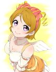  bare_shoulders belt bow breasts brown_hair cleavage detached_collar dress from_above hair_bow hairband highres koizumi_hanayo looking_at_viewer looking_up love_live! love_live!_school_idol_project medium_breasts sekina short_hair smile solo wings 