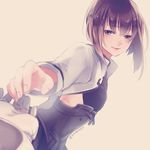  blurry brown_eyes brown_hair deco_(geigeki_honey) gloves kantai_collection reaching short_hair simple_background smile taihou_(kantai_collection) twitter_username white_gloves 