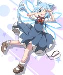  animal_ears blue_dress blue_eyes blue_hair bow cat_ears cat_tail cirno collar do_(4-rt) dress highres ice ice_wings kemonomimi_mode leash looking_at_viewer one_eye_closed open_mouth paw_pose puffy_short_sleeves puffy_sleeves shirt short_sleeves smile solo tail touhou wings 