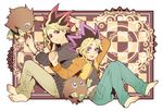  barefoot blonde_hair casual checkered checkered_background chesha clenched_hand duel_monster full_body green_pants kuriboh male_focus multicolored_hair multiple_boys mutou_yuugi out_of_frame pants pink_eyes pullover purple_hair red_hair sitting spiked_hair two-tone_hair yami_yuugi yuu-gi-ou yuu-gi-ou_duel_monsters 