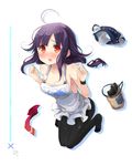  ahoge apron black_legwear blush breasts cleavage gameplay_mechanics kantai_collection long_hair looking_at_viewer low_twintails medium_breasts naked_apron open_mouth pantyhose purple_hair red_eyes shin_(new) simple_background solo taigei_(kantai_collection) tears twintails white_background 