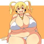  bad_id bad_pixiv_id bikini blonde_hair blush breasts cleavage fat gigantic_breasts headphones looking_at_viewer nitroplus obese open_mouth orange_eyes short_hair smile solo super_pochaco swimsuit twintails ushi white_bikini 