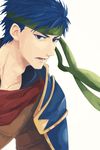  armor bandana bangs blue_eyes blue_hair fire_emblem fire_emblem:_souen_no_kiseki ike looking_at_viewer male_focus nose open_mouth shoulder_guard simple_background solo super_smash_bros. xxxxx-131842 