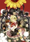 ascot blonde_hair blush_stickers brown_hair bug butterfly closed_eyes death dress flower grey_eyes hand_on_another's_face insect maribel_hearn multiple_girls no_hat no_headwear onigiri_(ginseitou) ribbon short_hair skirt smile sunflower touhou usami_renko 