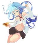  blue_eyes blue_hair blush denpa_onna_to_seishun_otoko eating food holding_pizza jpeg_artifacts long_hair looking_at_viewer midriff navel off_shoulder pizza pleated_skirt simple_background skirt slice_of_pizza smile solo touwa_erio unbuttoned white_background yoo_(tabi_no_shiori) 